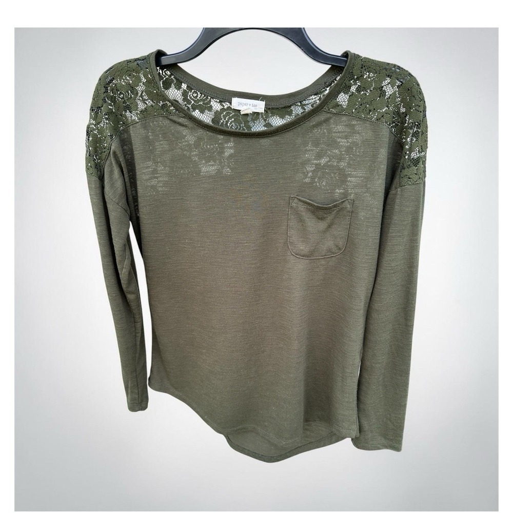 Paper + Tee Women's Olive Green Lace Accent 3/4 Sleeve Blouse Regular L Pocket